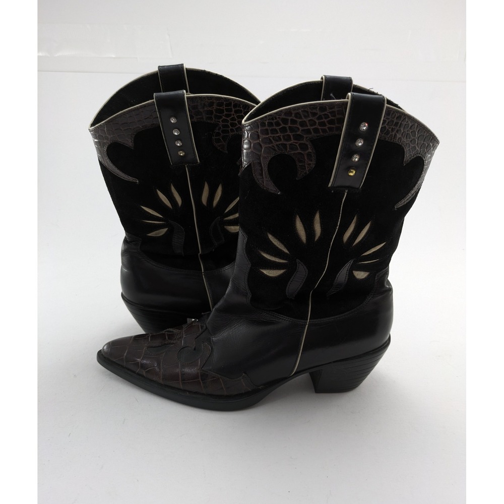 Vaneli Black Heeled Western Boots with Croc-Trim Accents